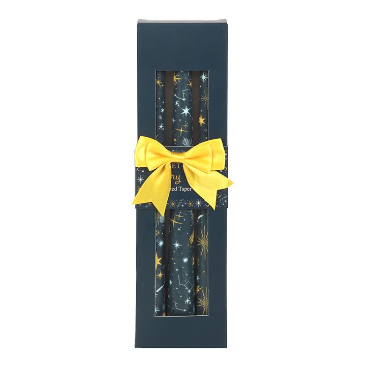Step into the mystical glow of the cosmos with our Set of 3 Starry Night Taper Candles. Each candle is hand-crafted with care, featuring a mesmerizing starry night design that captures the wonder of the heavens. Perfect for enchanting Christmas tables, moonlit rituals, or year-round celestial décor, these unscented candles offer a magical ambience wherever they burn.
In folklore, stars have long been symbols of guidance, protection, and cosmic energy. Lighting these candles can invite clarity, inspiration,