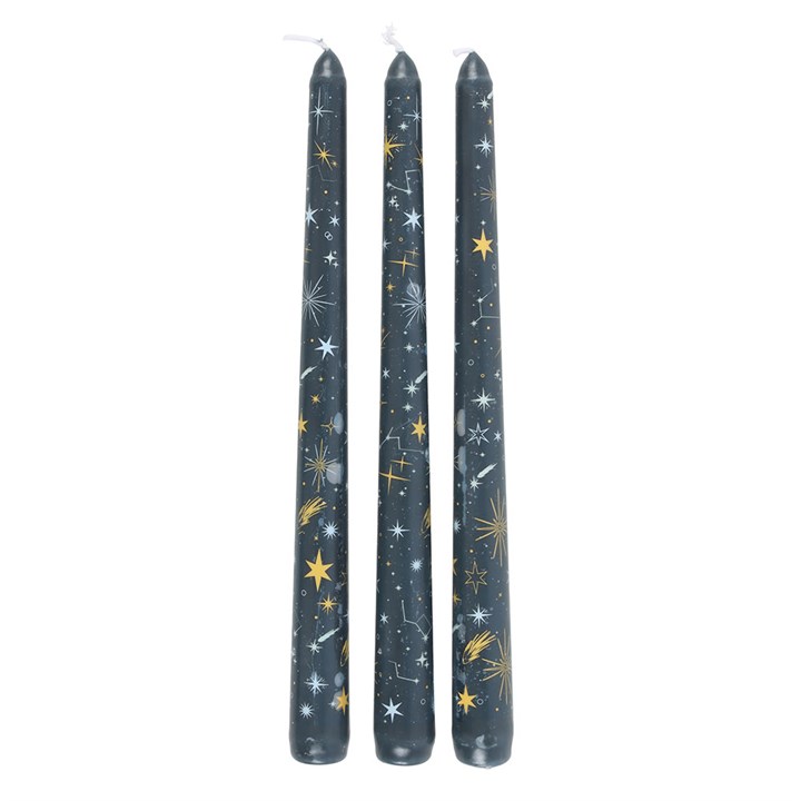 Step into the mystical glow of the cosmos with our Set of 3 Starry Night Taper Candles. Each candle is hand-crafted with care, featuring a mesmerizing starry night design that captures the wonder of the heavens. Perfect for enchanting Christmas tables, moonlit rituals, or year-round celestial décor, these unscented candles offer a magical ambience wherever they burn.
In folklore, stars have long been symbols of guidance, protection, and cosmic energy. Lighting these candles can invite clarity, inspiration,