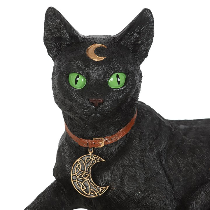 Laying Black Cat Figurine with Crescent Moon Collar – Witch’s Familiar Charm