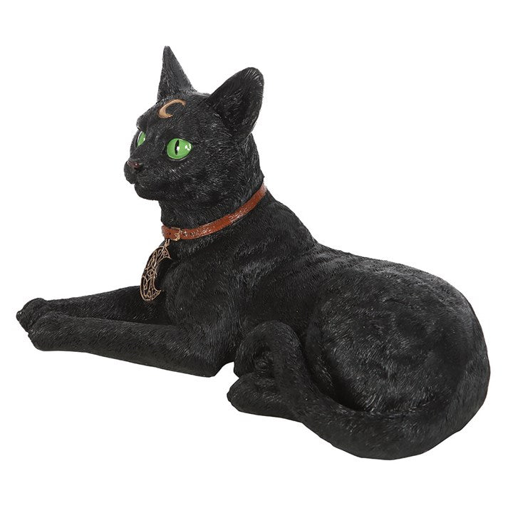 Laying Black Cat Figurine with Crescent Moon Collar – Witch’s Familiar Charm