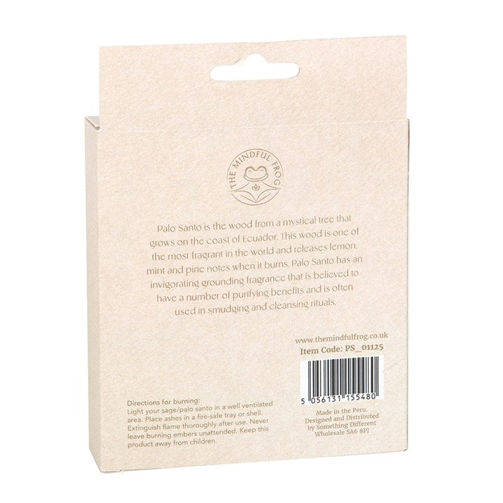 Back of a Palo Santo incense packaging with text and branding.