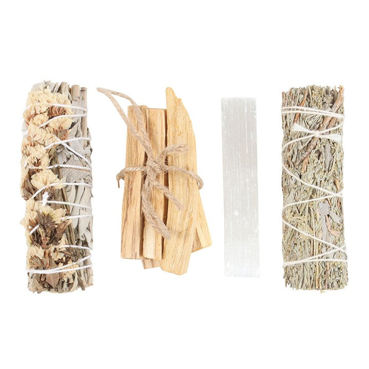 This Palo Santo energy cleansing kit is a holistic set designed for spiritual purification and balancing energy. It includes Palo Santo sticks for their sweet, calming smoke, two sage bundles for removing negative energy, and a selenite crystal to recharge the energy of other objects and spaces. Each element works together to promote clarity, peace and positive energy flow.
