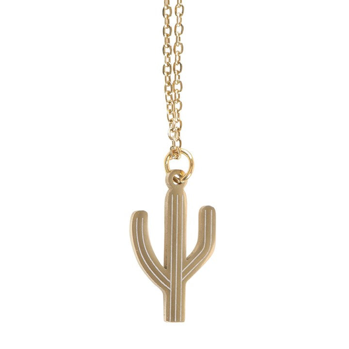 Gold cactus-shaped pendant on a chain against a white background