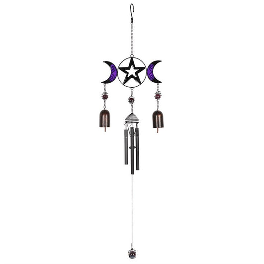 Embrace the enchanting energy of the Triple Moon with this exquisite windchime crafted from glass, metal, and resin. Its mystical black and purple design captures the sacred phases of the moon, symbolizing the Maiden, Mother, and Crone. Hang it in a sunny spot where gentle breezes can awaken its delicate bells, filling your space with soothing, magical sounds. As sunlight filters through the glass, it casts shimmering reflections that invite tranquility and spiritual connection. Measuring 72cm tall, this wi