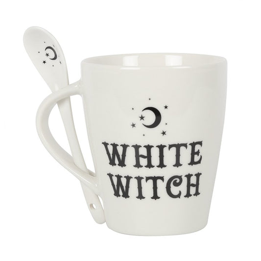 Brew your daily potions with the White Witch Mug and Spoon Set, a magical companion for tea rituals and coffee spells alike. Crafted with a deep 500ml capacity, this enchanting mug bears the words White Witch across its surface, a proud declaration of your path. The matching spoon, adorned with celestial moon and star designs, fits snugly into the slotted handle, ready to stir herbs, honey, or enchantments into your brew. Perfect for morning rituals, sabbat gatherings, or quiet reflection under the moonligh