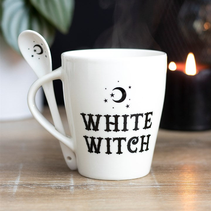 White Witch Mug and Spoon Set – Mystical Moon & Star Tea Cup