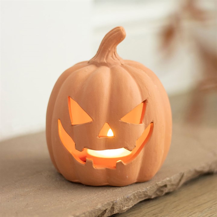 12.5cm Terracotta Pumpkin Tealight Holder – Halloween Deco