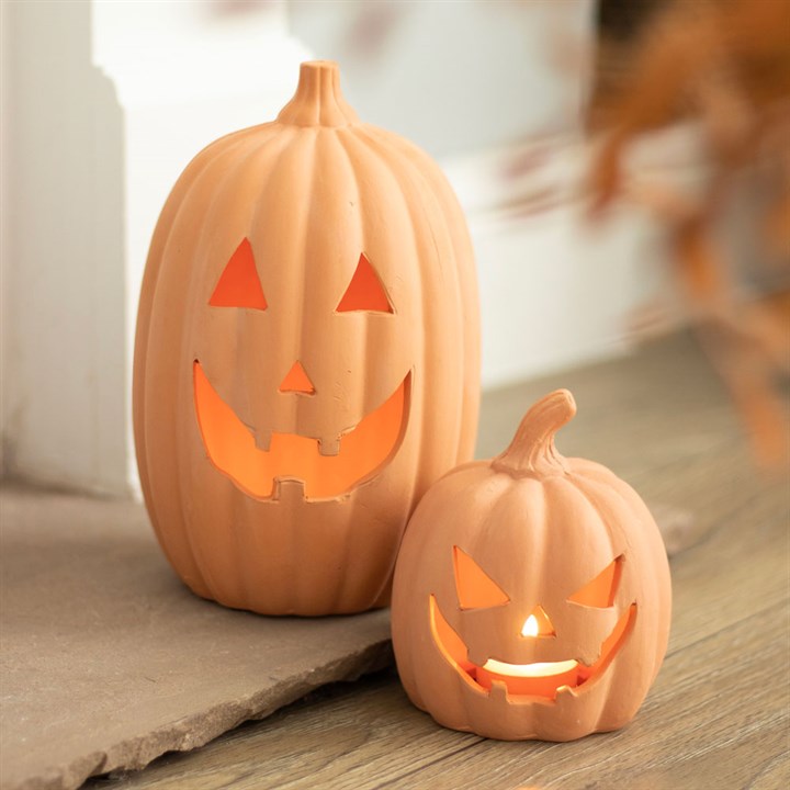 12.5cm Terracotta Pumpkin Tealight Holder – Halloween Deco