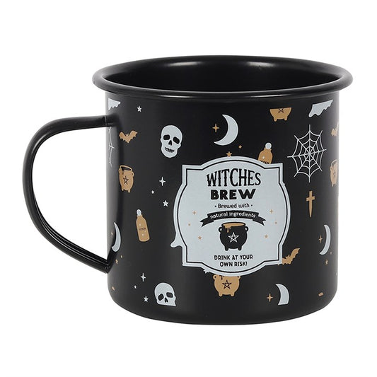 Even witches need a magical sip! The Witches Brew Enamel Mug combines whimsical charm with practical design, featuring a vintage-inspired Witches Brew illustration and festive Halloween print. Perfect for pumpkin spice lattes, herbal teas, or cozy autumn rituals, this enamel-style mug is a bewitching addition to your collection. Lightweight and durable, it’s ideal for indoor spellwork or outdoor gatherings—but remember, it is not microwave safe and should never be used over an open flame.
Dimensions: Stand