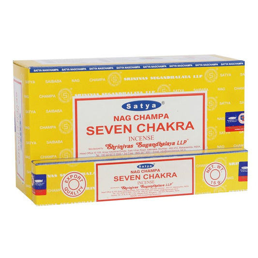 Discover the magic within this set of 12 packs of Satya Seven Chakra incense sticks. Their gentle fragrance is believed to elevate your spirit and restore balance, perfect for deepening your yoga and meditation rituals. Crafted by skilled Indian artisans, each pack holds 10-12 vegan-friendly sticks made from the finest natural ingredients. Embrace the sacred aroma and let your energy align with the seven chakras.