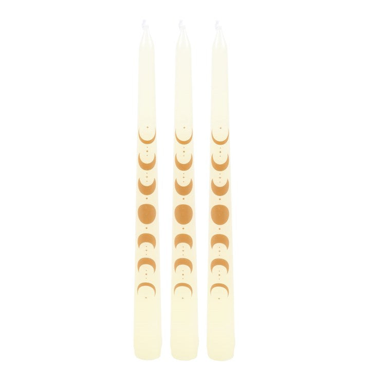 Set of 3 off white taper candles with moon phases design. Perfect for lunar rituals, witchcraft altars, or celestial gothic décor.