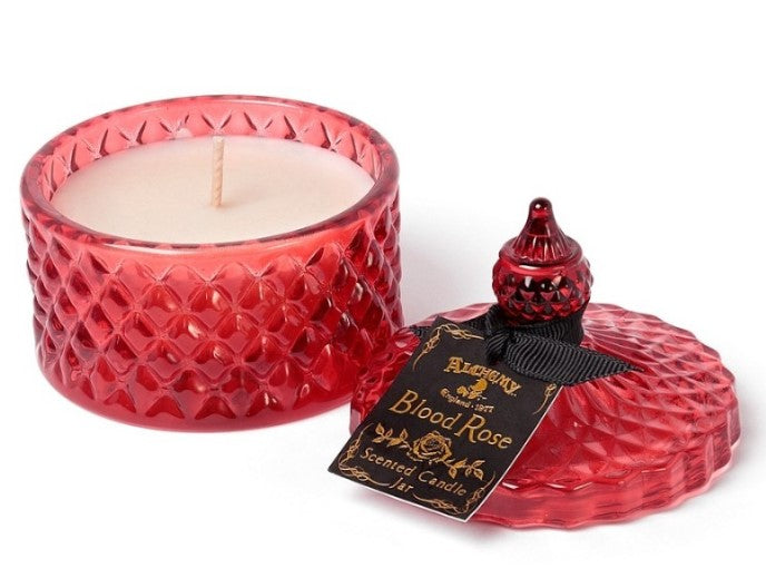 A blood rose red, vintage inspired, lidded candle jar. Encapsulating a sensual scented candle. Light the candle and let the dark sensual aroma of the 'Blood Rose' envelop your boudoir! Once the candle has burnt, this stunning, cut glass effect, jar can then be used to keep safe your trinkets and treasures!