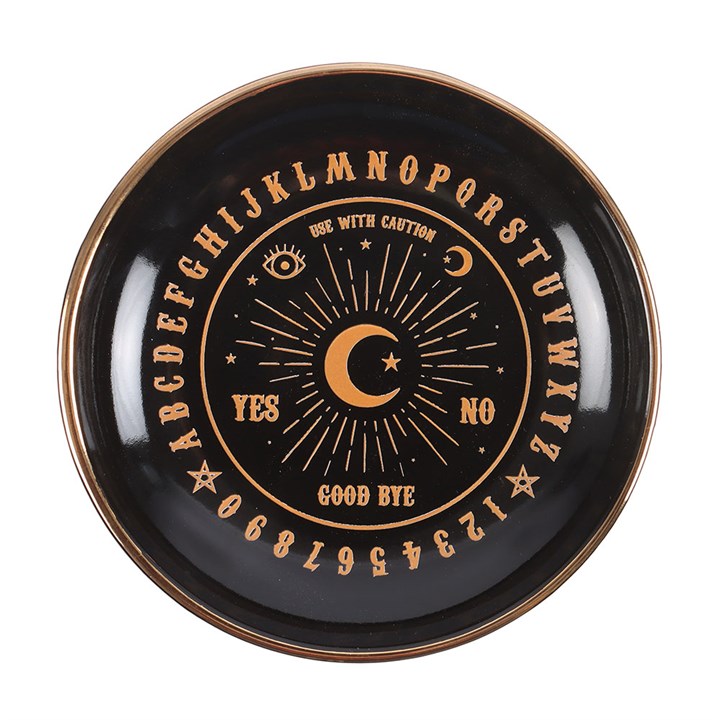 This enchanting black trinket dish features a talking board design in a premium gold finish. A beautiful piece for strong treasured trinkets and jewellery, and a perfect finishing touch for a home with mystical decor.