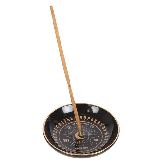 Add magic to your space with this black incense dish featuring a gold talking board design. Perfect for incense sticks & cones, ideal for mystical home decor.