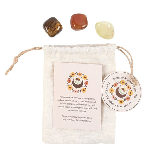 Celebrate the sun's radiant energy with this Summer Solstice crystal set featuring Tiger’s Eye, Carnelian, and Lemon Quartz. With each stone known for its uplifting and empowering properties, this set is perfect for summertime rituals, meditation, or daily intention-setting. Includes an eco-friendly drawstring pouch and informative crystal cards.