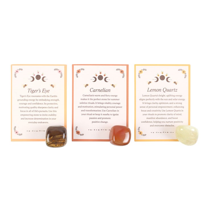 Celebrate the sun's radiant energy with this Summer Solstice crystal set featuring Tiger’s Eye, Carnelian, and Lemon Quartz. With each stone known for its uplifting and empowering properties, this set is perfect for summertime rituals, meditation, or daily intention-setting. Includes an eco-friendly drawstring pouch and informative crystal cards.