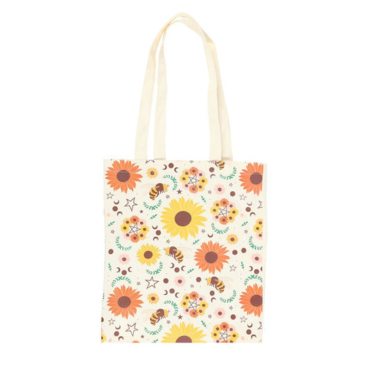 Sustainably carry summer essentials wherever you go with this Polycotton tote bag. Adorned with a Summer Solstice-inspired print of sunflowers, bees, pentagrams, and moon phases. The durable Polycotton canvas tote bag includes ample space for carrying as an everyday bag or for shopping.