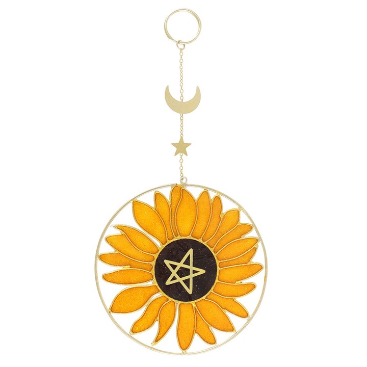 Add a touch of sunshine to the home with this Summer Solstice sunflower suncatcher. This charming suncatcher is inspired by the Summer Solstice, featuring a beautifully detailed sunflower, pentagram, star and crescent moon design made from metal and resin. Hang it in the window to catch the light and bring a cheerful, colourful glow to any room.