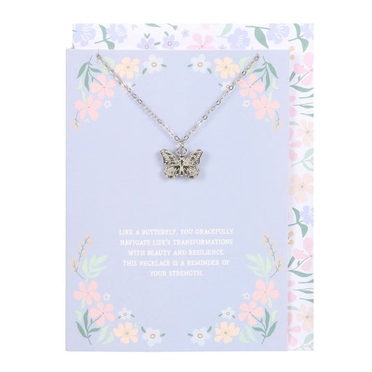 This sweet, silver-toned butterfly necklace comes nestled on a matching greeting card, making it the perfect gift to show love, support and positivity.