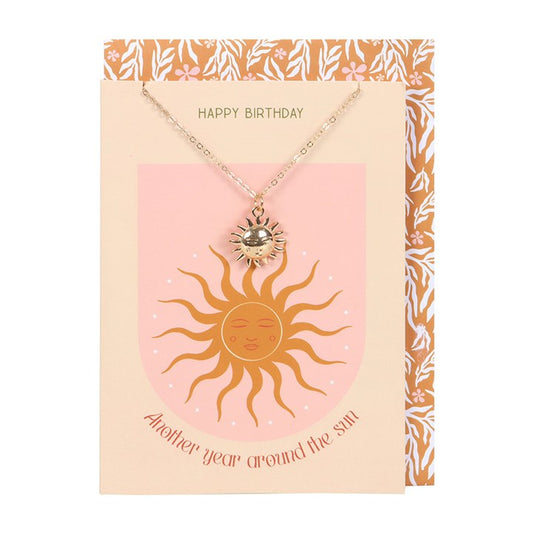 This contemporary, nickel-free stainless steel sun necklace is the perfect gift for any occasion. Featuring a sleek, modern design, the necklace is presented on a greeting card that showcases a sun motif along with the words “Another Year Around the Sun” and “Happy Birthday.” The card and necklace come with a stylish, modern envelope, making this set a thoughtful and stylish way to celebrate someone special. The perfect combination of simplicity and elegance.