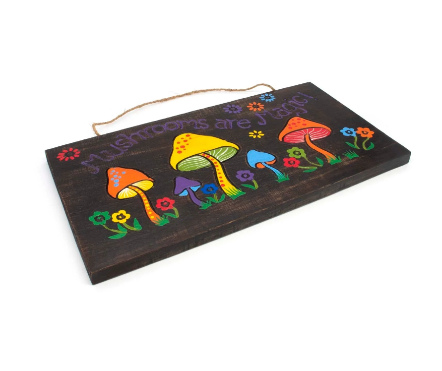 This enchanting wall plaque showcases vivid hand-painted wildflowers intertwined with towering mushrooms, set against rich dark wood. Measuring an impressive 40cm by 21cm, its bold presence casts a spell of wonder in any room. Ready to hang with included twine, this handcrafted treasure from Indonesia invites a mystical charm into your home, perfect for those who seek magic in every corner.