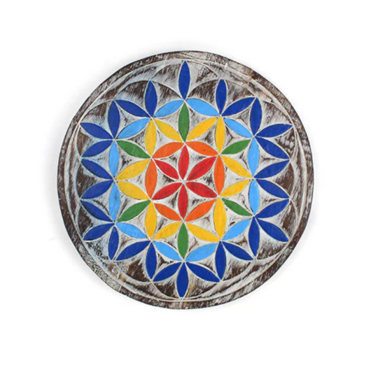 Intricate Flower of Life plaque from Bali. Sacred geometry wall art with natural wood aroma. Perfect for altars, meditation rooms & spiritual décor.