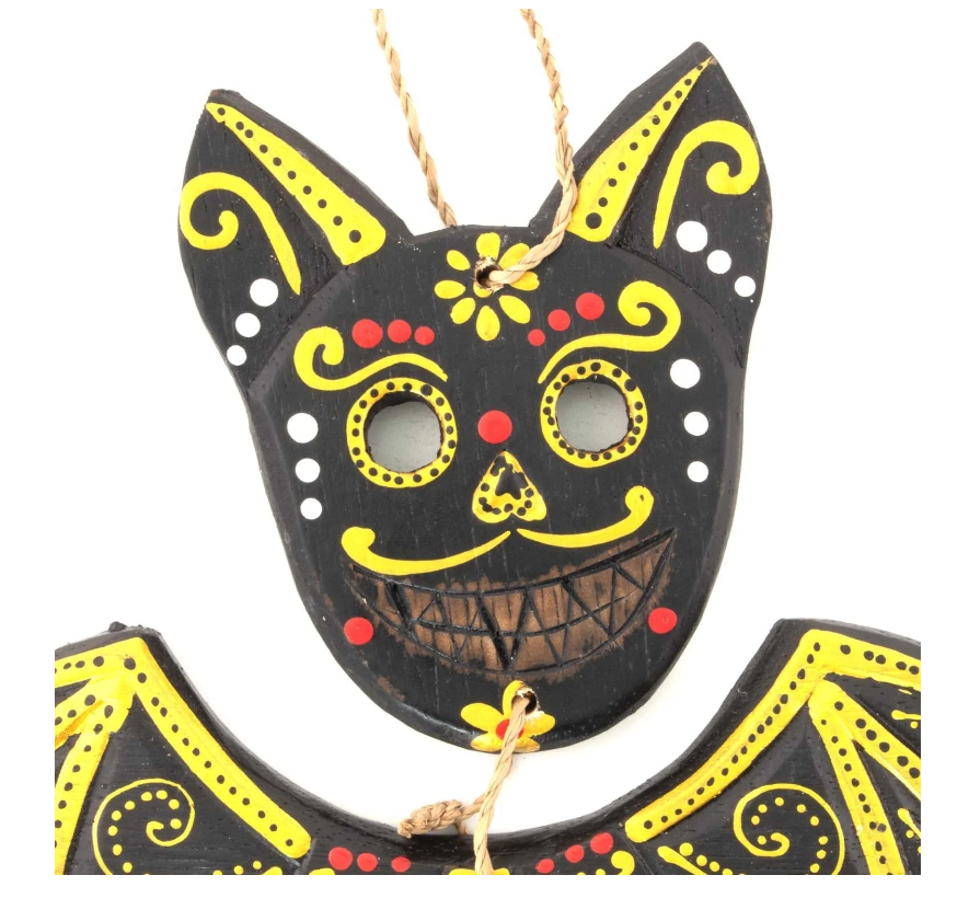 Candy Skull Bat – Hand-Carved Wooden Calavera with Colourful Wings