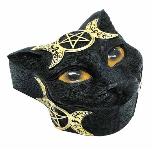 In the gaze of the black cat lies ancient knowing, and in the crescent moons—cycles of magic and mystery. This Black Cat Triple Moon Trinket Box is a bewitching blend of beauty and symbolism, its lid crowned with the face of a sleek midnight familiar, eyes gleaming with quiet power. Around it, hand-painted golden triple moons call upon the divine phases, their light echoing along the sides of the box.