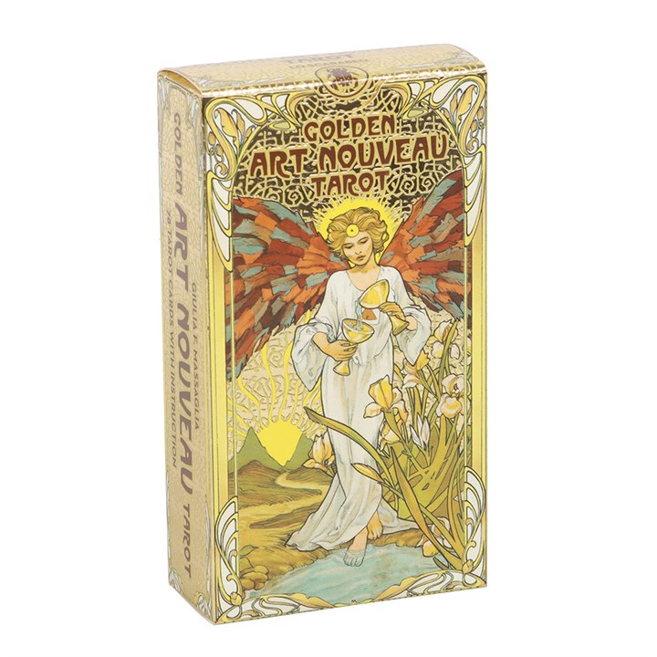 Box of Golden Art Nouveau Tarot Cards with decorative design on a white background