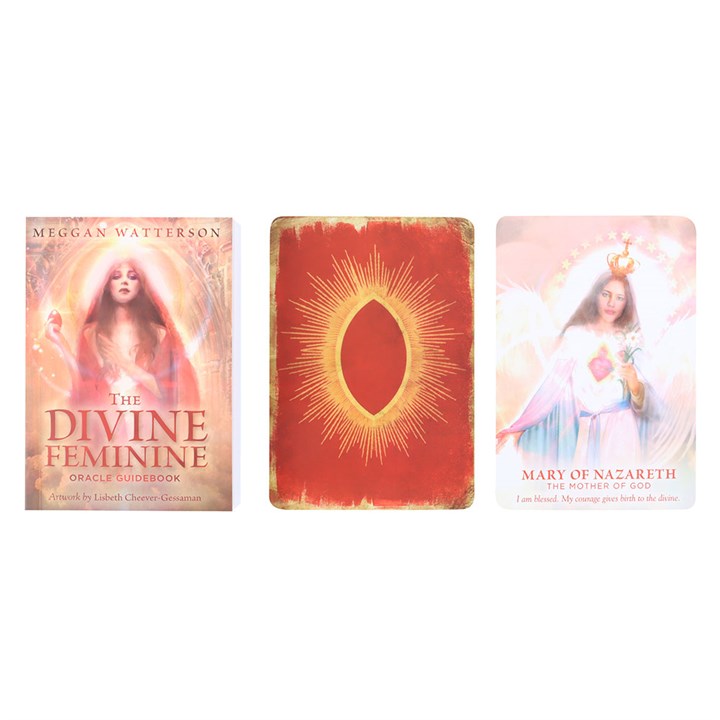 Three cards from a deck featuring 'The Divine Feminine' Oracle Deck on a white background.