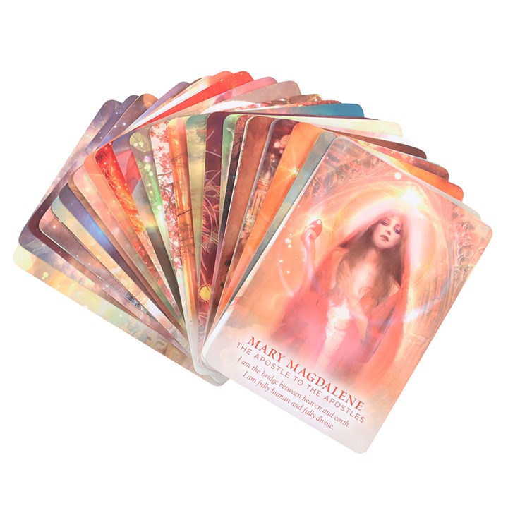 Set of tarot cards with colorful designs and text on a white background