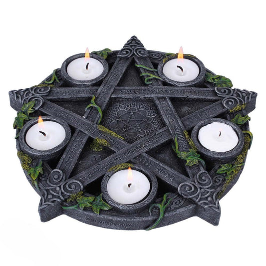 Wreathed in ivy and lichen, this tealight holder is perfect for illuminating your home in more ways than one. Cast in the highest quality resin, Celtic patterning and alchemist symbols reinforce the magic, while within the centre of the pentagram is another, smaller pentagram.