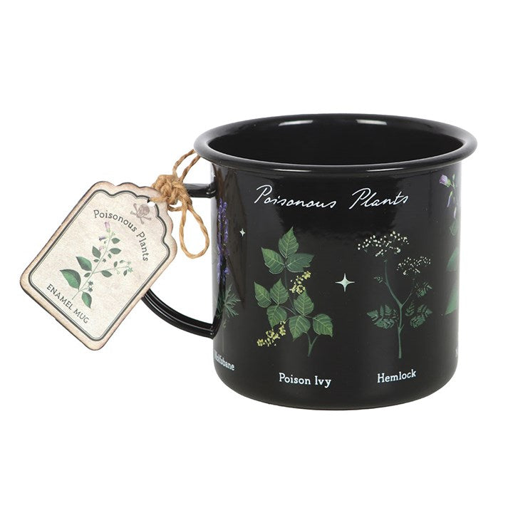 Begin your morning ritual with a dash of dark enchantment using this black enamel mug, beautifully detailed with a collection of poisonous plants. Featuring poison ivy, hemlock, deadly nightshade, angel's trumpet, poison oak, mistletoe, and foxglove, it brings a mysterious charm to your favorite tea, coffee, or potion. Holds 500ml. Please handwash only; not microwave safe.
