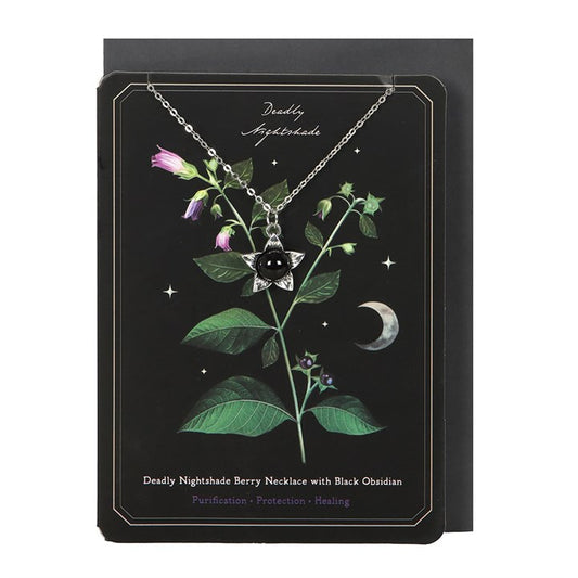 Embrace the allure of shadow with this stainless steel necklace, showcasing a delicate Deadly Nightshade berry charm alongside a captivating black obsidian stone. Presented on an enchanting themed greeting card, it makes a perfect gift for those who cherish gothic mystique and nature’s secrets. Crafted nickel-free for comfort and style.