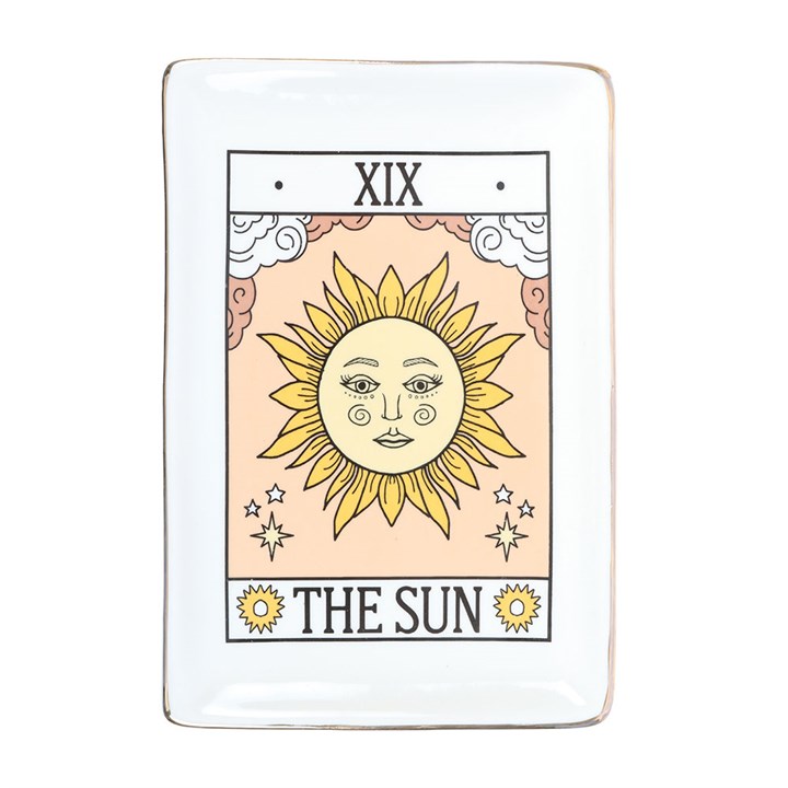 Embrace the radiant energy of The Sun with this vintage tarot-inspired trinket dish, designed to hold your jewellery, keys, and cherished small treasures. Its intricate design, highlighted by shimmering gold edging, brings a magical glow to any desk, vanity, or side table. Crafted by Something Different Wholesale, this piece is part of the Vintage Tarot collection, perfect for those who seek to infuse their space with mystical charm and timeless symbolism. Let this enchanting dish be a daily reminder of cla