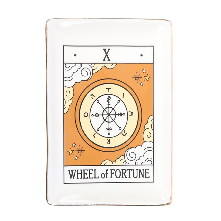 This enchanting trinket dish, inspired by tarot, is ideal for keeping jewellery, keys, and cherished keepsakes safe. Adorned with a graceful Wheel of Fortune motif and shimmering gold trim, it brings a magical aura to your desk, vanity, or bedside table. Crafted by Something Different Wholesale, it belongs to the Vintage Tarot collection, perfect for those drawn to mystical home accents and gifts.