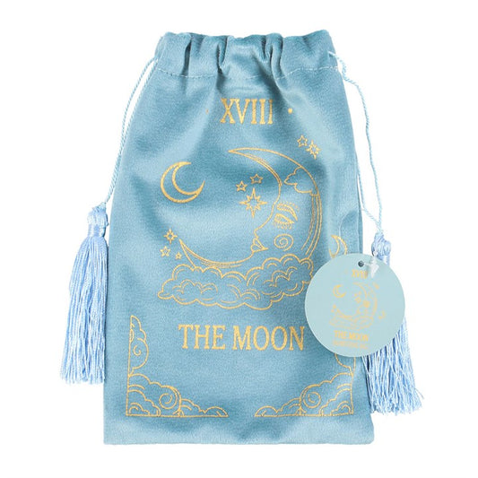 A soft teal velvet drawstring bag featuring a gold printed The Moon tarot card design. Ideal for storing tarot decks, crystals, or small accessories.