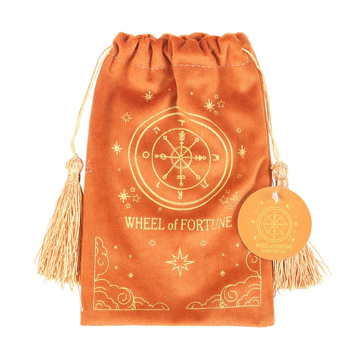 A soft tan velvet drawstring bag featuring a gold printed The Wheel tarot card design. Ideal for storing tarot decks, crystals, or small accessories.