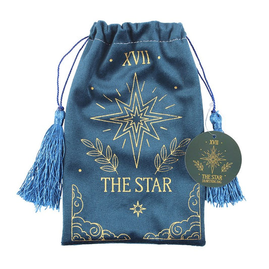 Blue drawstring bag with gold star design and 'The Star' text on a white background