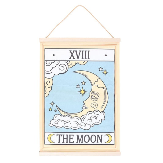 Illuminate your surroundings with this fabric wall hanging showcasing The Moon tarot card, adorned with an enchanting celestial motif and a convenient twine loop for effortless hanging. Ideal for tarot enthusiasts and anyone drawn to the serene, magical energy of the moon.