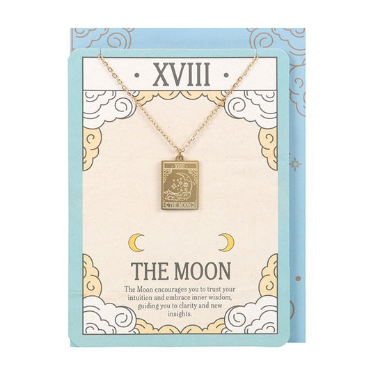 This gold-toned pendant necklace features The Moon tarot card design, symbolising intuition and wisdom. Presented on a beautifully illustrated greeting card, it makes a thoughtful gift for tarot lovers and celebrating life’s precious moments.