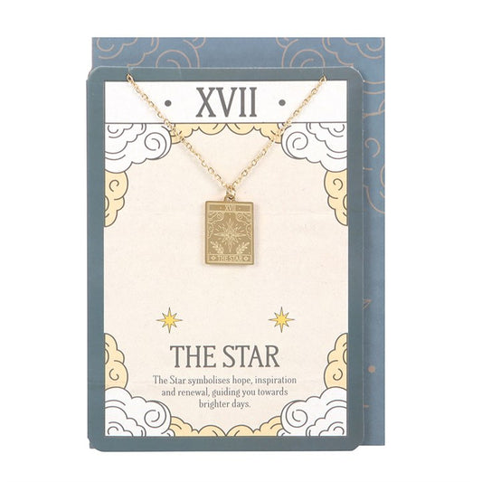 This gold-toned pendant necklace features The Star tarot card design, symbolising hope, inspiration and renewal. Presented on a beautifully illustrated greeting card, it makes a thoughtful gift for tarot lovers and celebrating life’s precious moments.