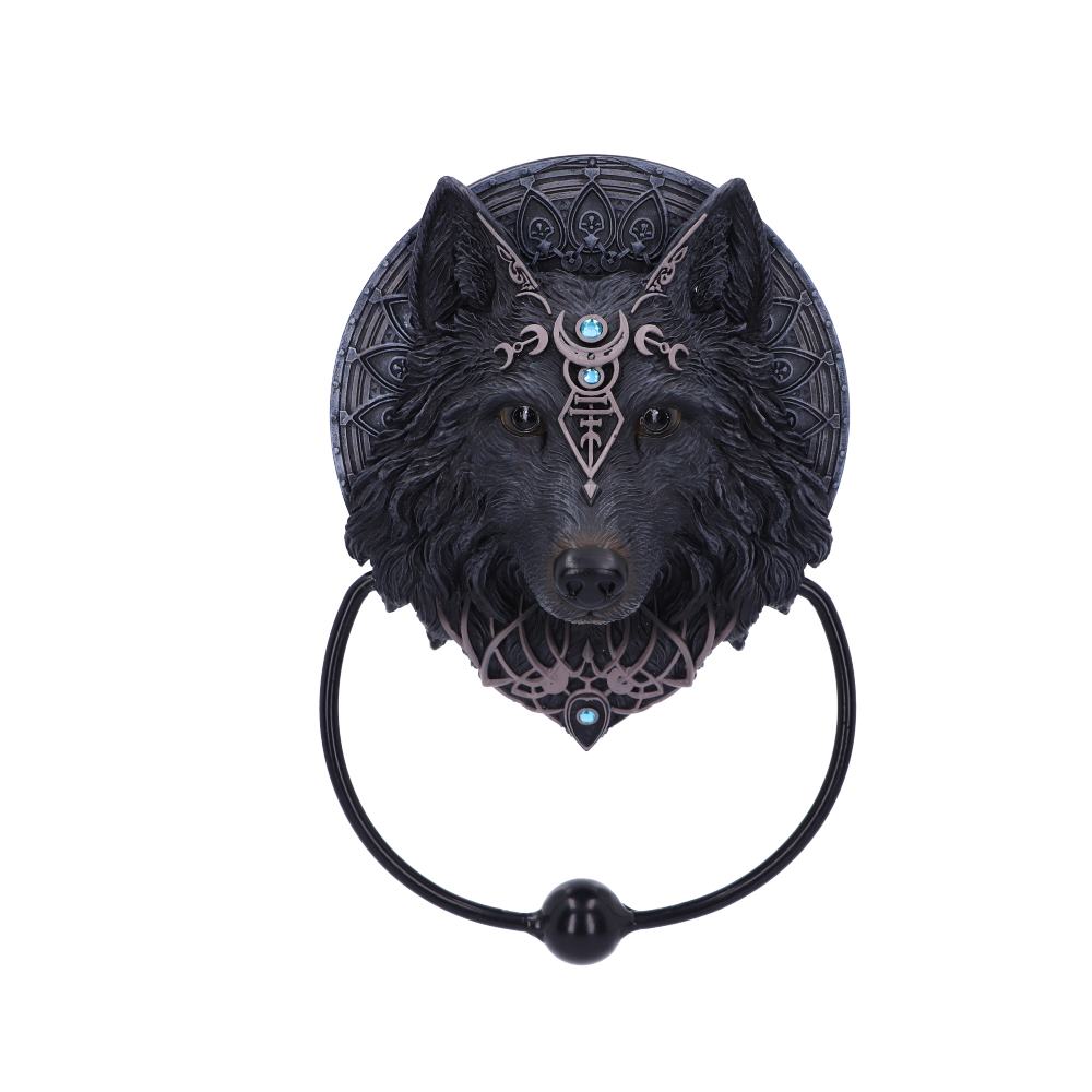 Add a touch of mystical charm to your entrance with this striking Wolf Moon door knocker. This beautifully crafted piece is cast in high-quality resin and expertly hand-painted.  The wolf's watchful eyes and detailed design create a captivating focal point, adding character to your home's exterior. The solid metal ring provides a clear, resonant knock.
