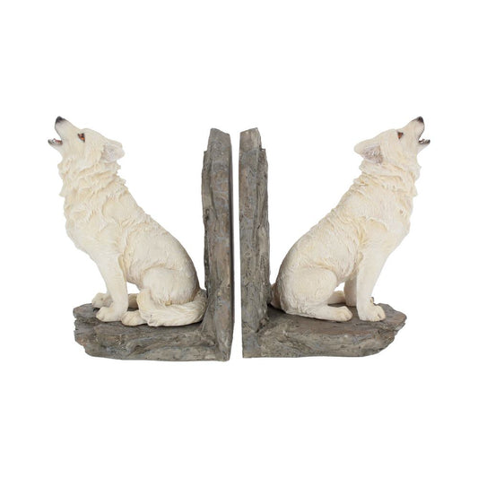 These striking white wolf bookends from Nemesis Now bring a touch of the wild to your home. Two imposing white wolves, perched on a rocky outcrop, gaze towards the sky with intense orange eyes. Expertly handcrafted from high-quality resin and lovingly hand-painted, these north white wolf bookends are a captivating addition to any bookshelf or reading area. Their fierce yet intelligent expressions make them a unique and impressive display piece.