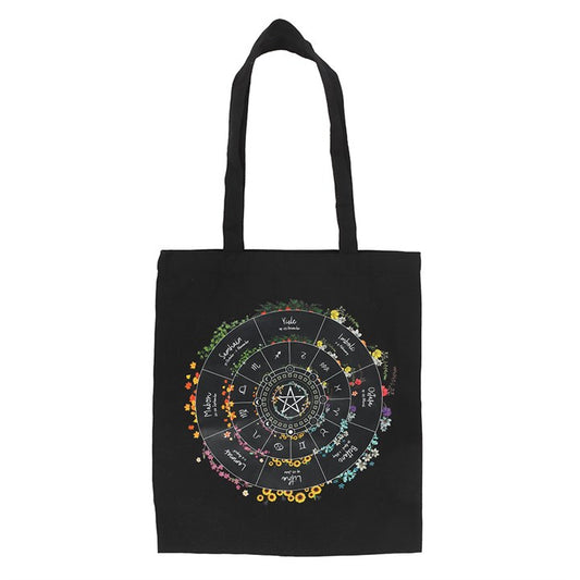 Carry the spirit of the seasons with this durable polycotton tote bag printed with a colourful Wheel of the Year design. Perfect for everyday use or as a reusable shopping bag for spiritual supplies and books.