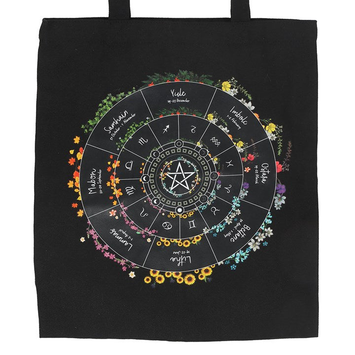 Carry the spirit of the seasons with this durable polycotton tote bag printed with a colourful Wheel of the Year design. Perfect for everyday use or as a reusable shopping bag for spiritual supplies and books.