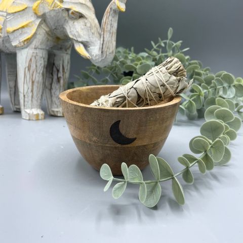Handcrafted wooden ritual bowl with Three Moons design. 11x7cm smudge and offering bowl for moon rituals, altar decor, and spiritual practice.