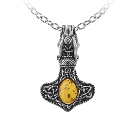 Viking-inspired Alchemy Gothic Thor’s Hammer pendant with real amber. A powerful amulet of protection with Celtic knots, runes & dragon detailing.