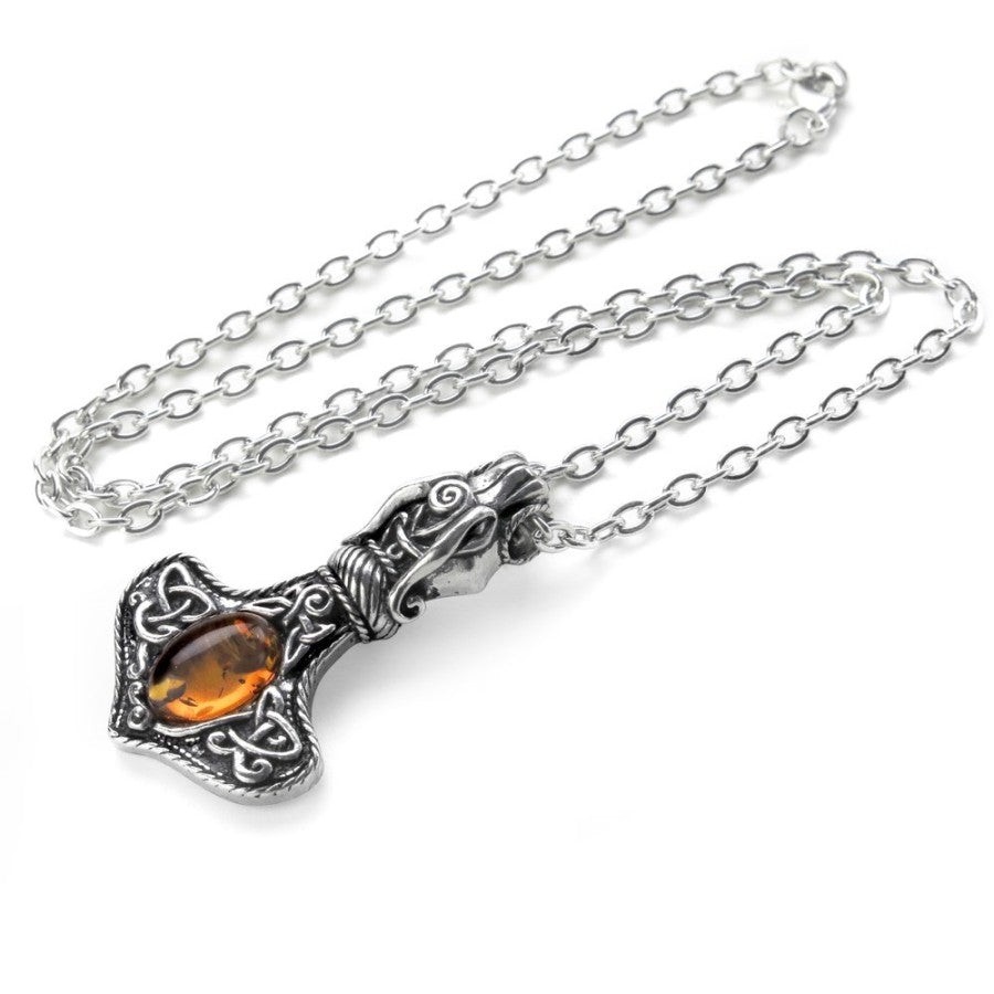 Viking-inspired Alchemy Gothic Thor’s Hammer pendant with real amber. A powerful amulet of protection with Celtic knots, runes & dragon detailing.