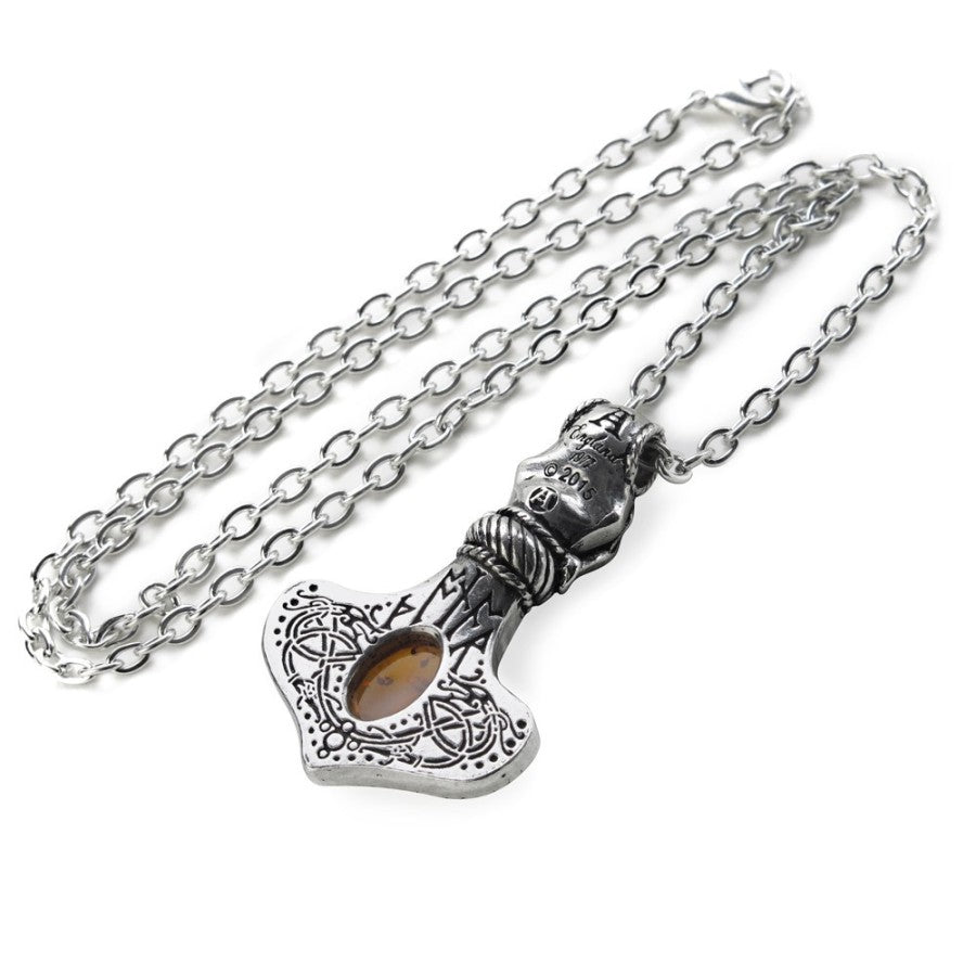 Viking-inspired Alchemy Gothic Thor’s Hammer pendant with real amber. A powerful amulet of protection with Celtic knots, runes & dragon detailing.